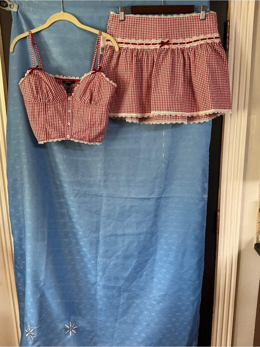 Forever 21 NWT Red Gingham Lace-Trim Bandeau Crop Top & Mini Skirt Set